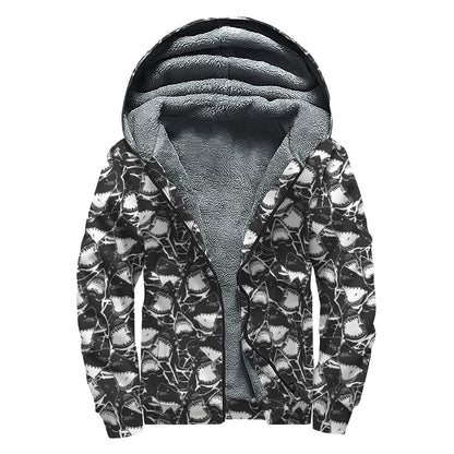 Grey And White Shark Pattern Print Sherpa Lined Zip Up Hoodie