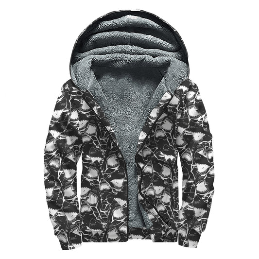 Grey And White Shark Pattern Print Sherpa Lined Zip Up Hoodie
