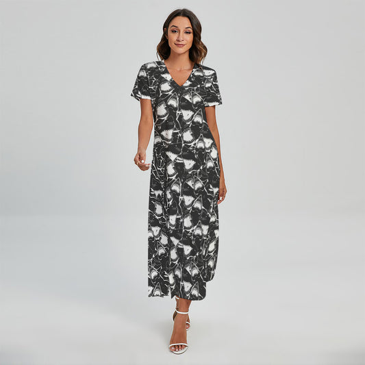 Grey And White Shark Pattern Print Short Sleeve Maxi Dress