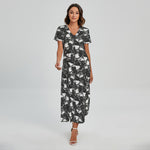 Grey And White Shark Pattern Print Short Sleeve Maxi Dress