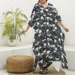 Grey And White Shark Pattern Print Silk V-Neck Kaftan Dress