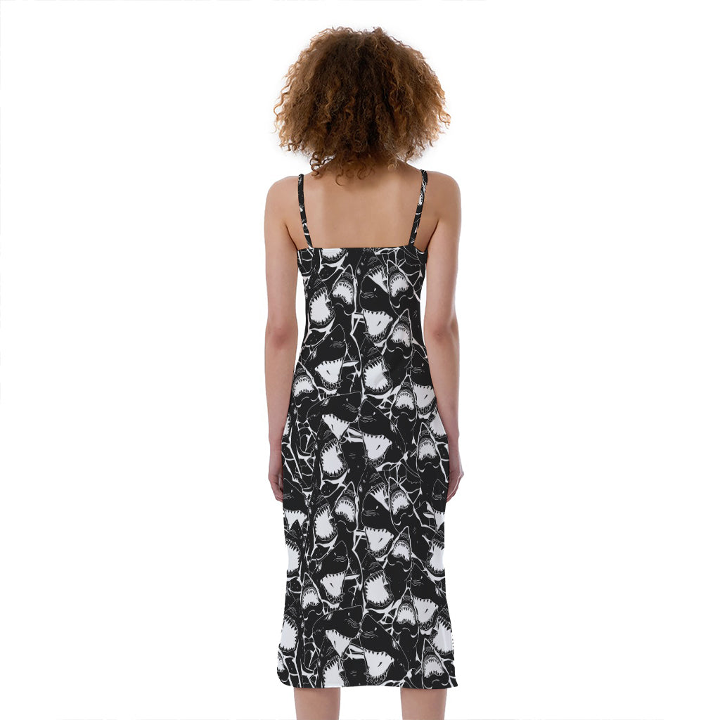 Grey And White Shark Pattern Print Slim Fit Midi Cami Dress
