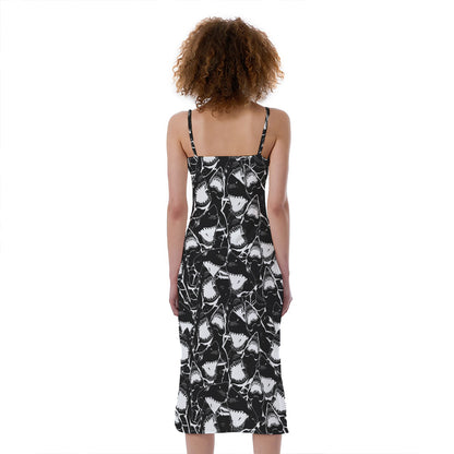 Grey And White Shark Pattern Print Slim Fit Midi Cami Dress