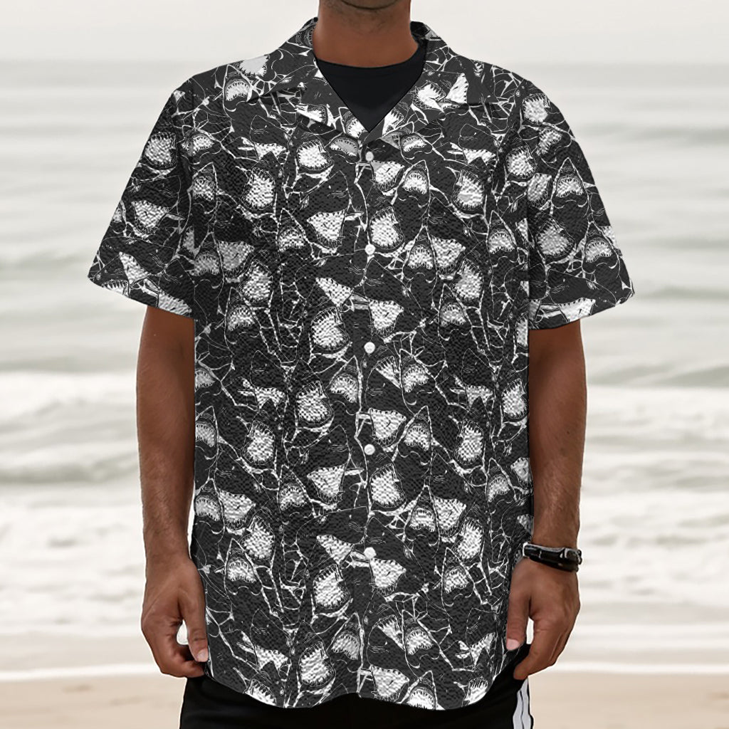 Grey And White Shark Pattern Print Textured Short Sleeve Shirt