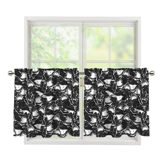 Grey And White Shark Pattern Print Tier Curtains