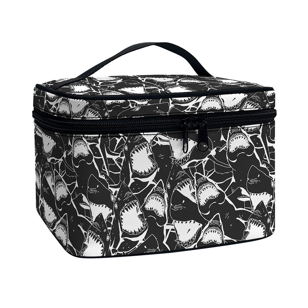 Grey And White Shark Pattern Print Travel Makeup Bag