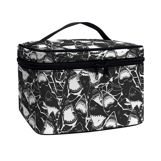 Grey And White Shark Pattern Print Travel Makeup Bag