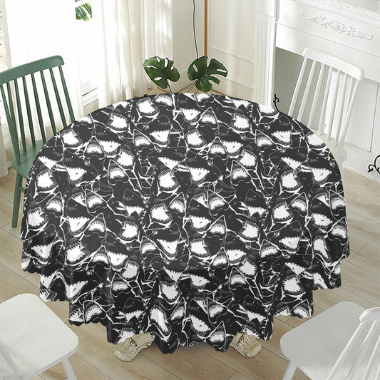 Grey And White Shark Pattern Print Waterproof Round Tablecloth