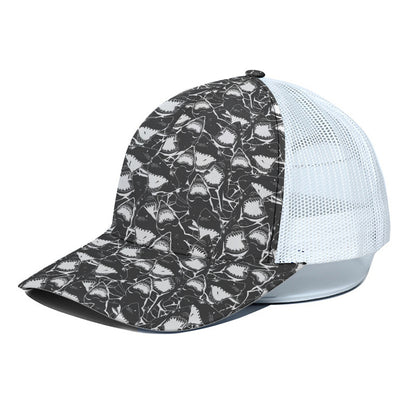 Grey And White Shark Pattern Print White Mesh Trucker Cap