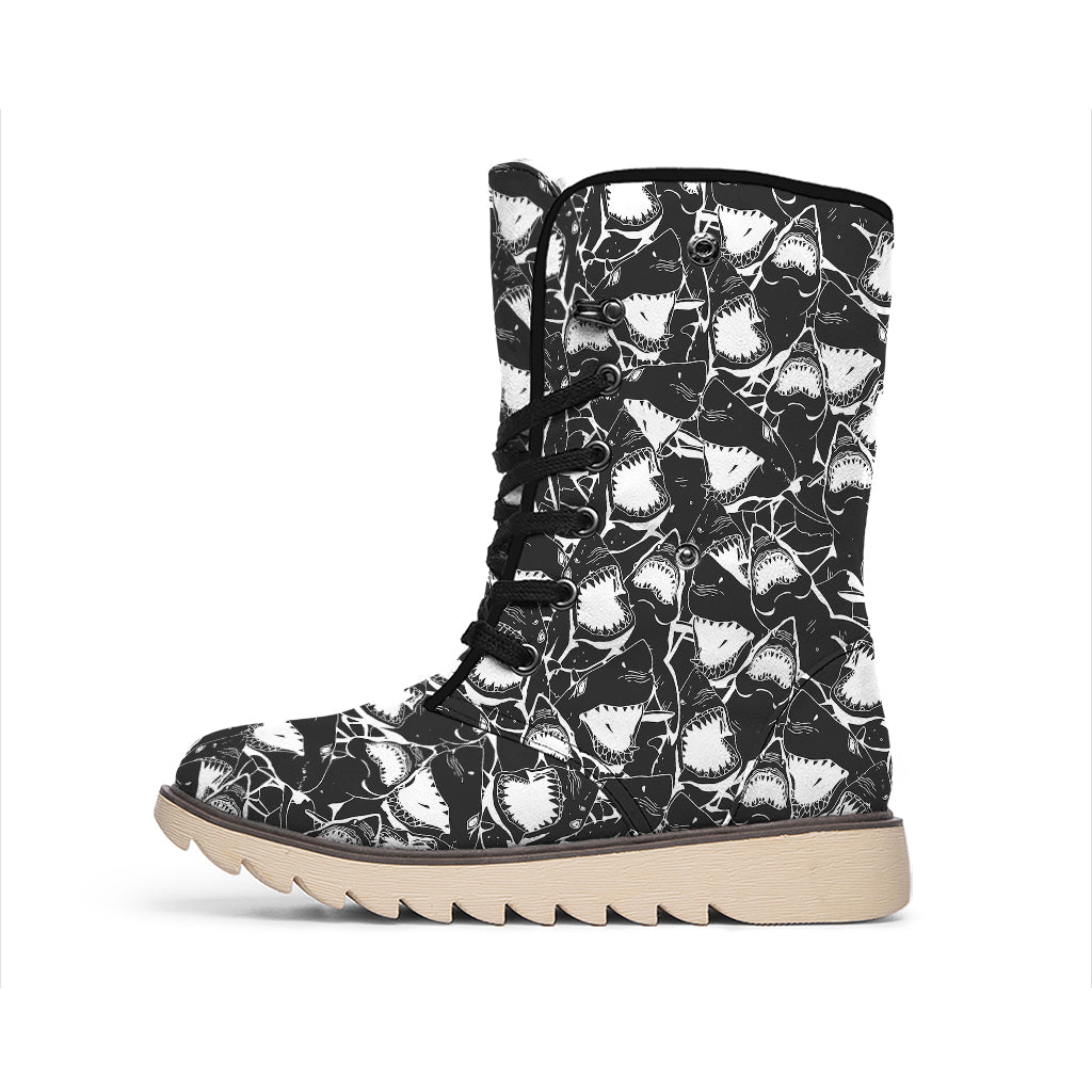 Grey And White Shark Pattern Print Winter Boots