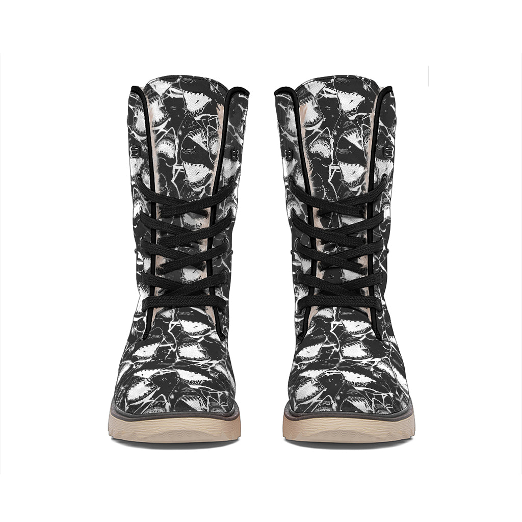 Grey And White Shark Pattern Print Winter Boots