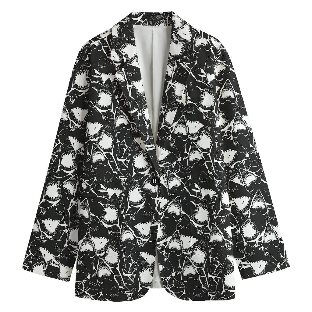 Grey And White Shark Pattern Print Women's Blazer
