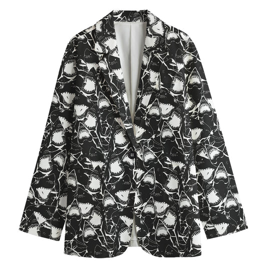 Grey And White Shark Pattern Print Women's Blazer
