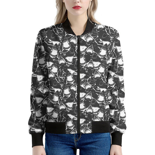 Grey And White Shark Pattern Print Women's Bomber Jacket