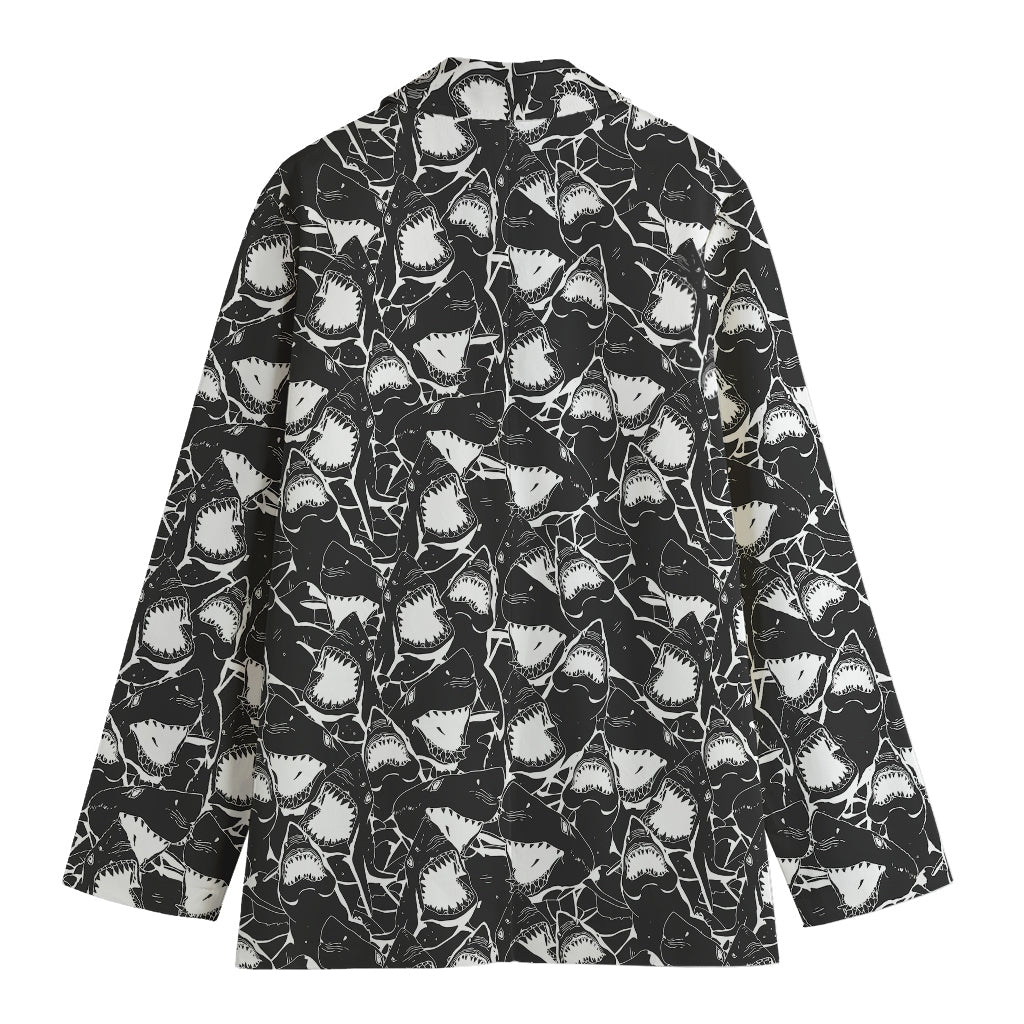 Grey And White Shark Pattern Print Women's Cotton Blazer