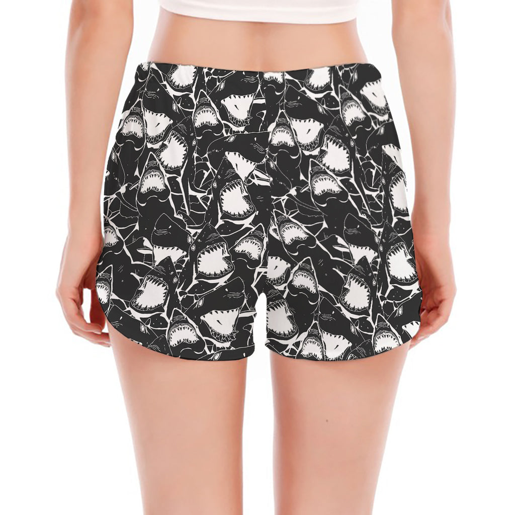 Grey And White Shark Pattern Print Women's Split Running Shorts