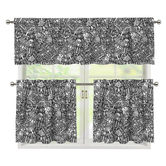 Grey And White Totem Pattern Print 3 Piece Kitchen Curtains