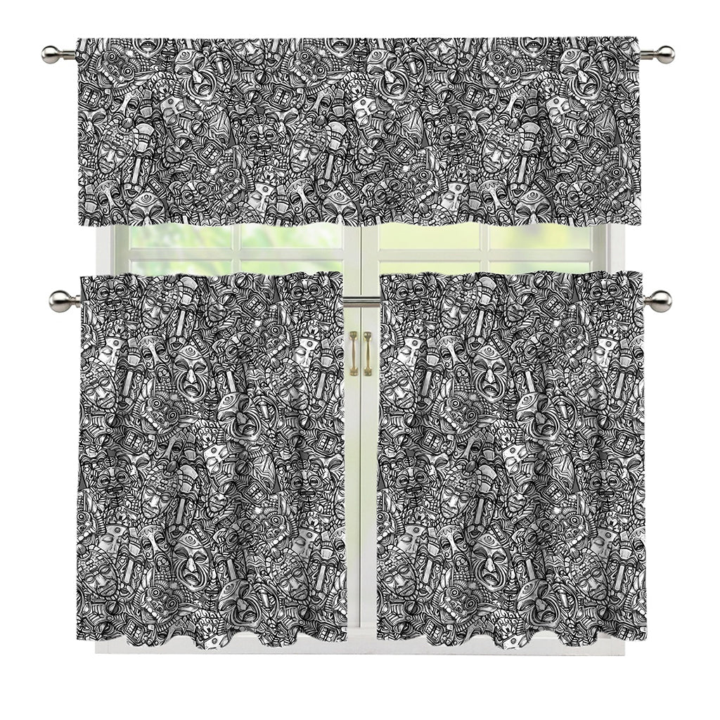 Grey And White Totem Pattern Print 3 Piece Kitchen Curtains