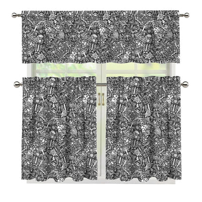 Grey And White Totem Pattern Print 3 Piece Kitchen Curtains