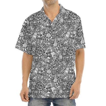 Grey And White Totem Pattern Print Aloha Shirt