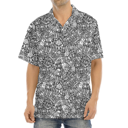 Grey And White Totem Pattern Print Aloha Shirt