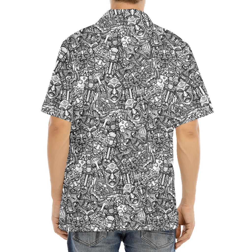 Grey And White Totem Pattern Print Aloha Shirt