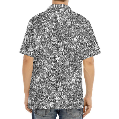 Grey And White Totem Pattern Print Aloha Shirt