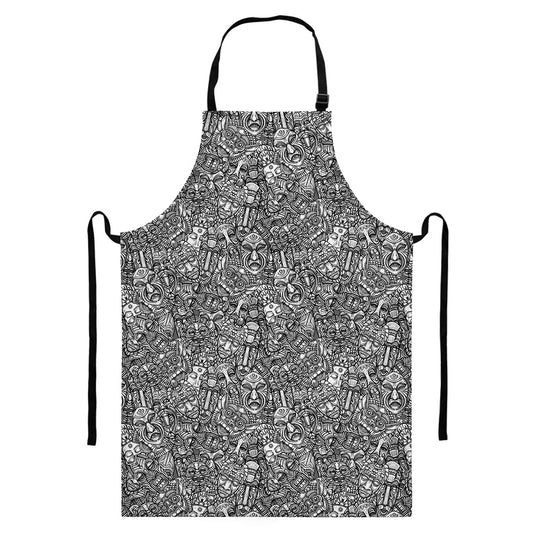Grey And White Totem Pattern Print Bib Apron With Pocket