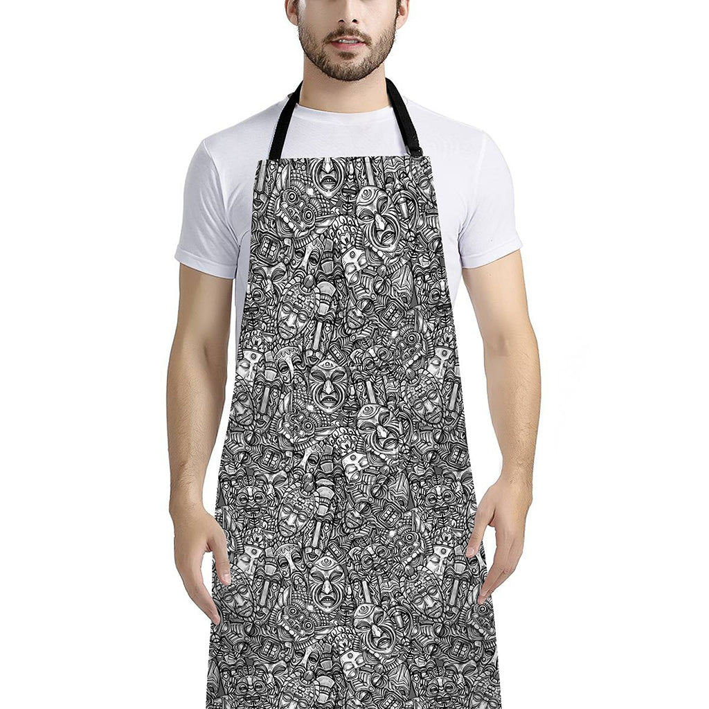 Grey And White Totem Pattern Print Bib Apron With Pocket
