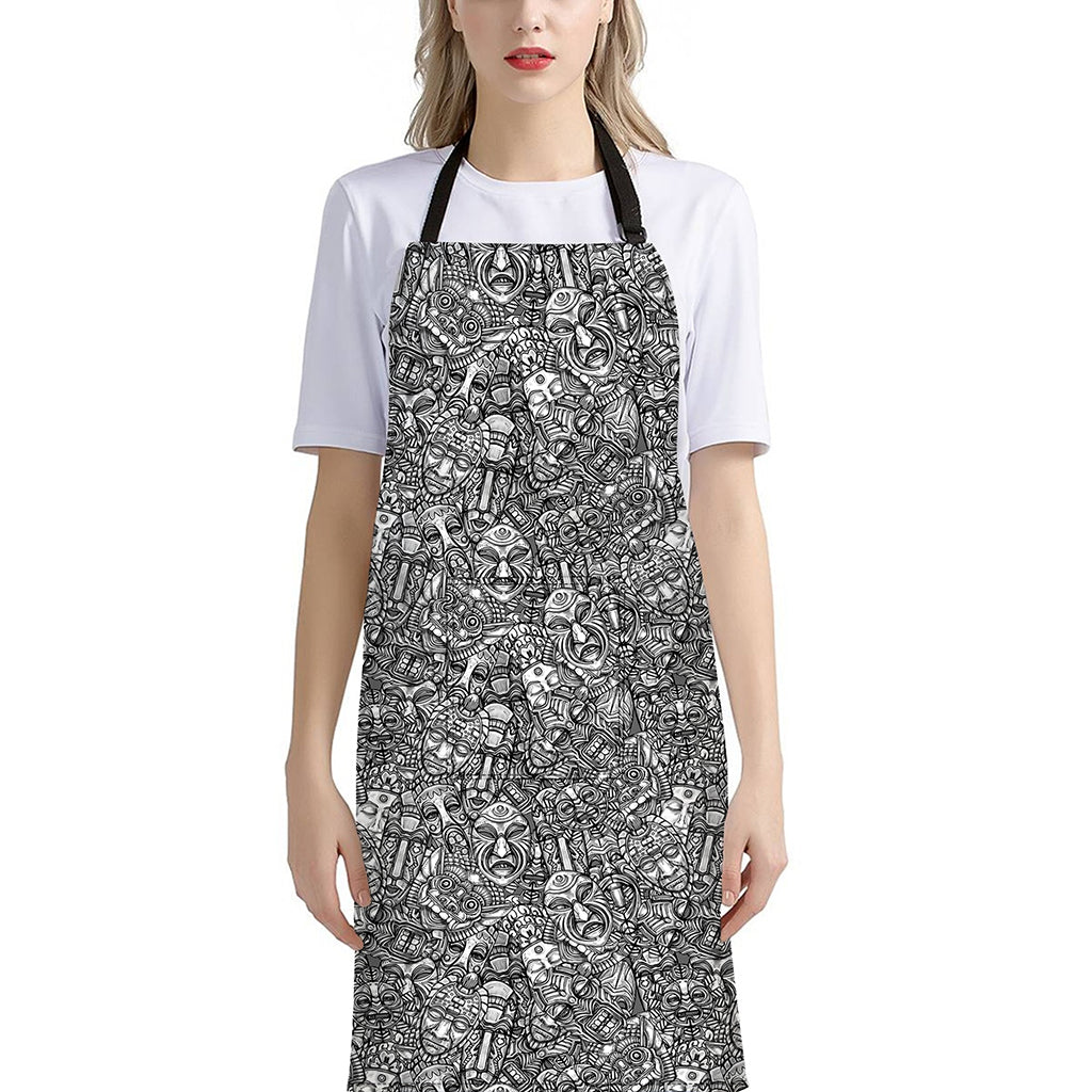 Grey And White Totem Pattern Print Bib Apron With Pocket