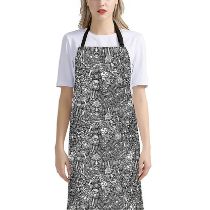 Grey And White Totem Pattern Print Bib Apron With Pocket
