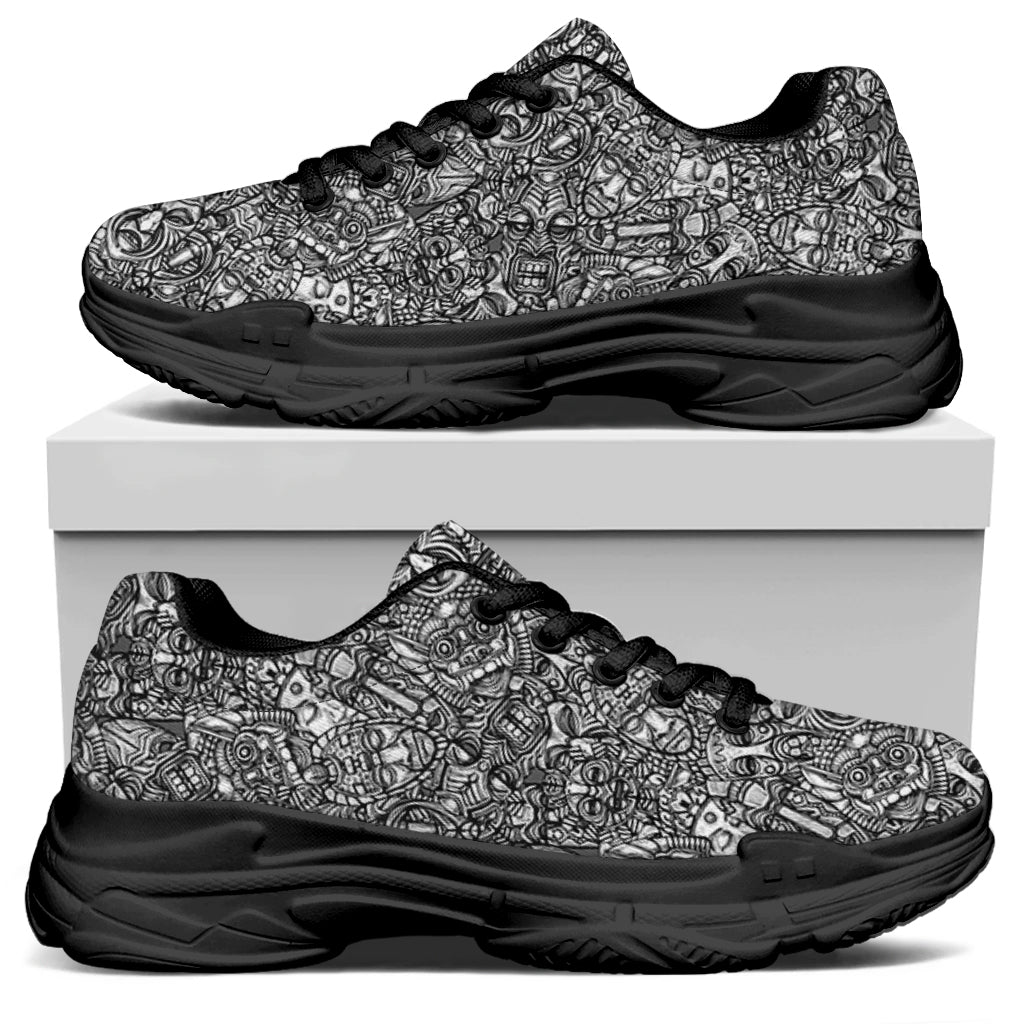 Grey And White Totem Pattern Print Black Chunky Shoes