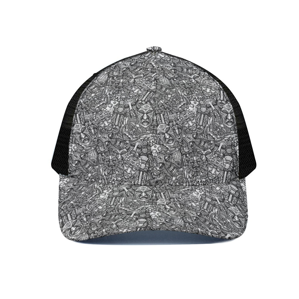 Grey And White Totem Pattern Print Black Mesh Trucker Cap