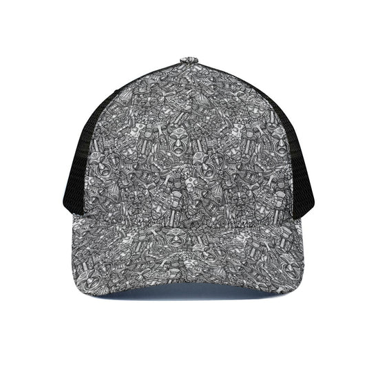 Grey And White Totem Pattern Print Black Mesh Trucker Cap