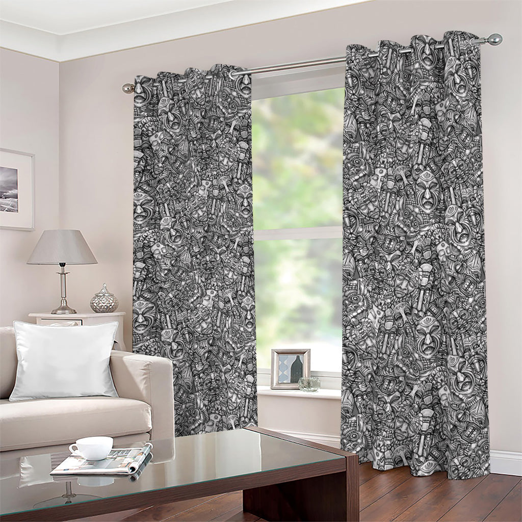 Grey And White Totem Pattern Print Blackout Grommet Curtains
