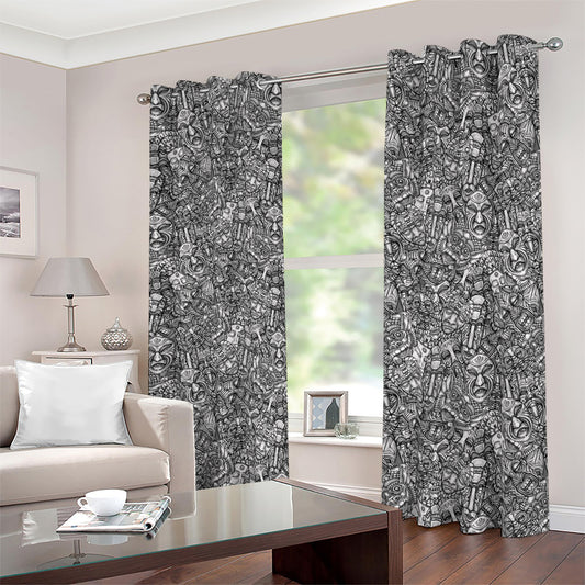 Grey And White Totem Pattern Print Blackout Grommet Curtains