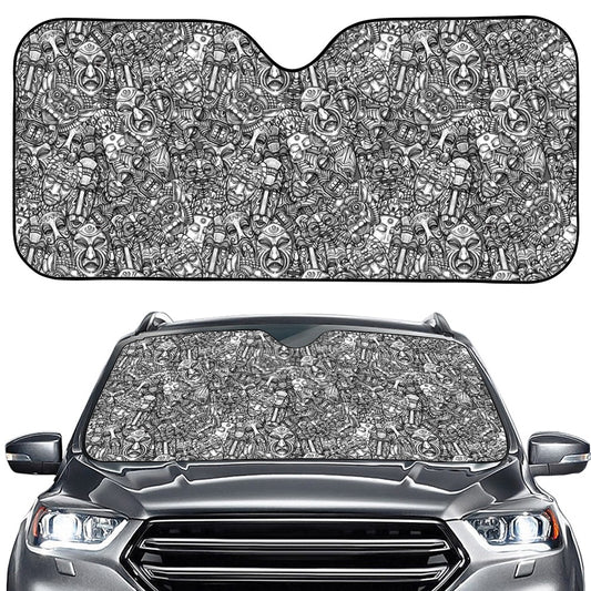 Grey And White Totem Pattern Print Car Windshield Sun Shade