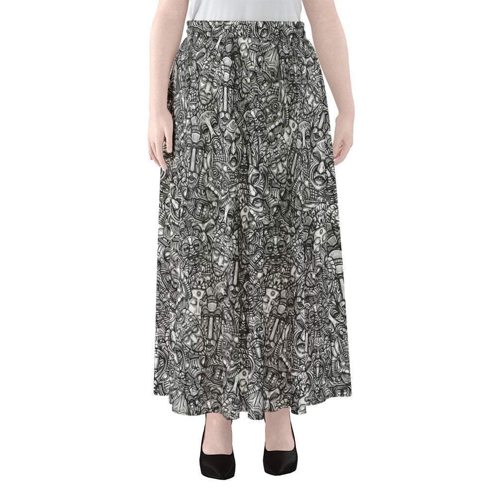 Grey And White Totem Pattern Print Chiffon Maxi Skirt