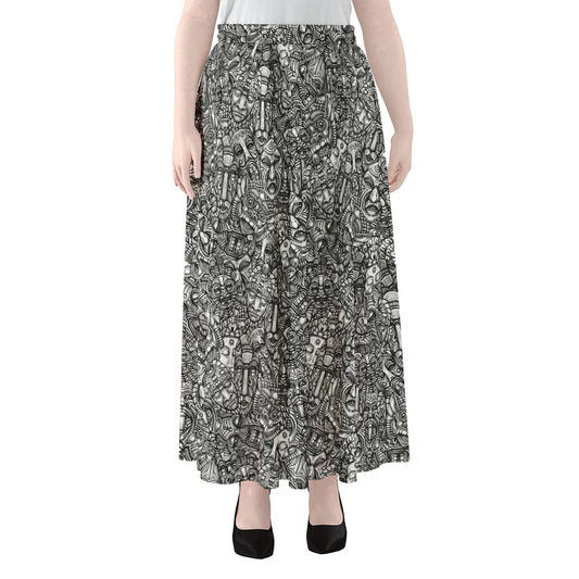 Grey And White Totem Pattern Print Chiffon Maxi Skirt