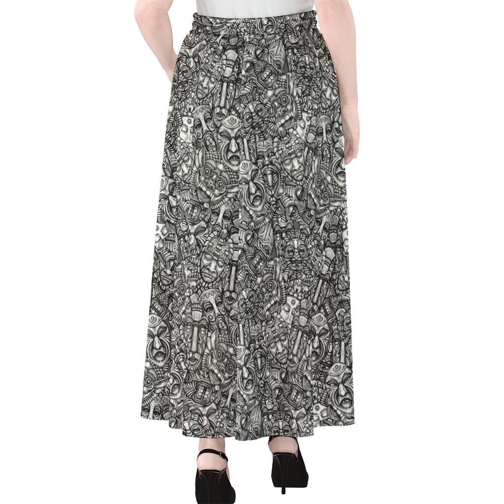 Grey And White Totem Pattern Print Chiffon Maxi Skirt
