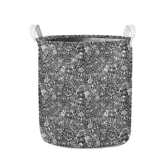 Grey And White Totem Pattern Print Collapsible Laundry Basket