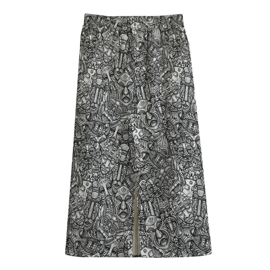 Grey And White Totem Pattern Print Cotton Front Slit Maxi Skirt
