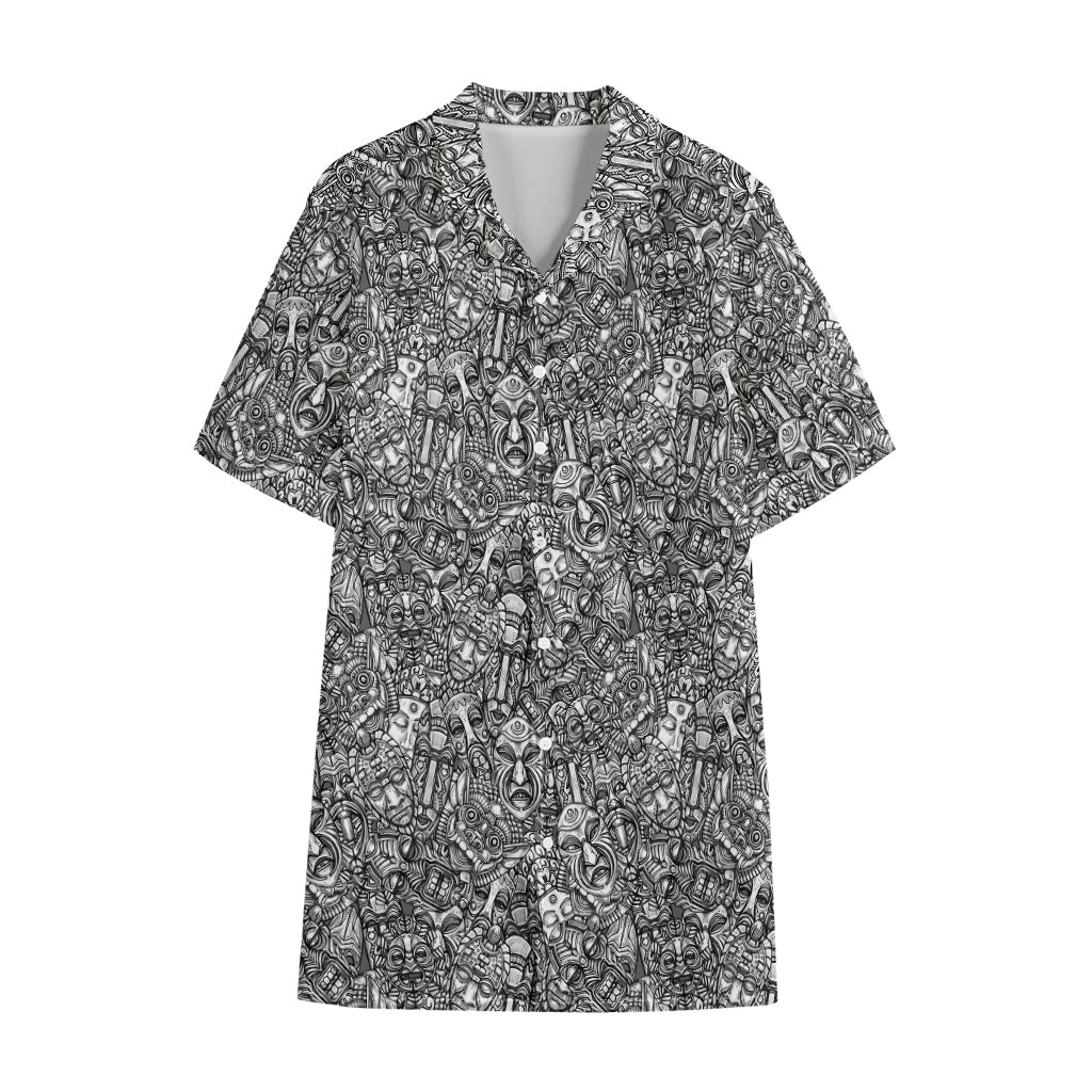 Grey And White Totem Pattern Print Cotton Hawaiian Shirt