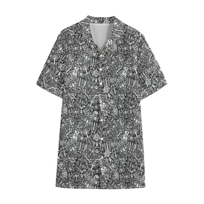 Grey And White Totem Pattern Print Cotton Hawaiian Shirt
