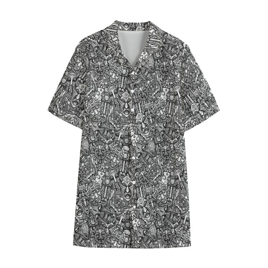 Grey And White Totem Pattern Print Cotton Hawaiian Shirt