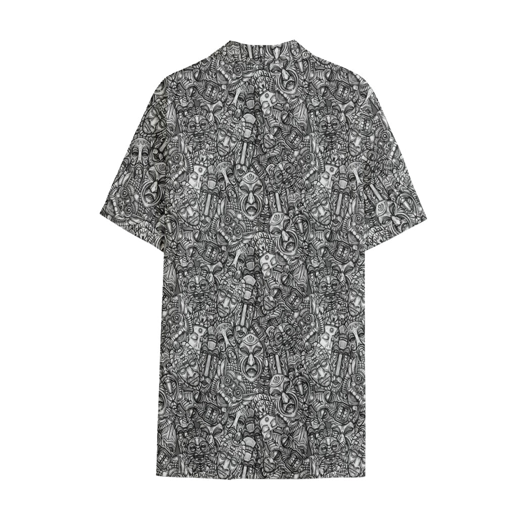 Grey And White Totem Pattern Print Cotton Hawaiian Shirt