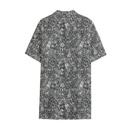 Grey And White Totem Pattern Print Cotton Hawaiian Shirt