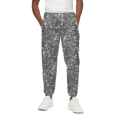 Grey And White Totem Pattern Print Cotton Pants