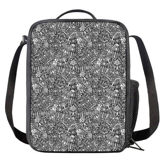 Grey And White Totem Pattern Print Crossbody Lunch Bag
