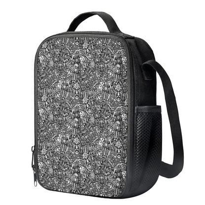Grey And White Totem Pattern Print Crossbody Lunch Bag